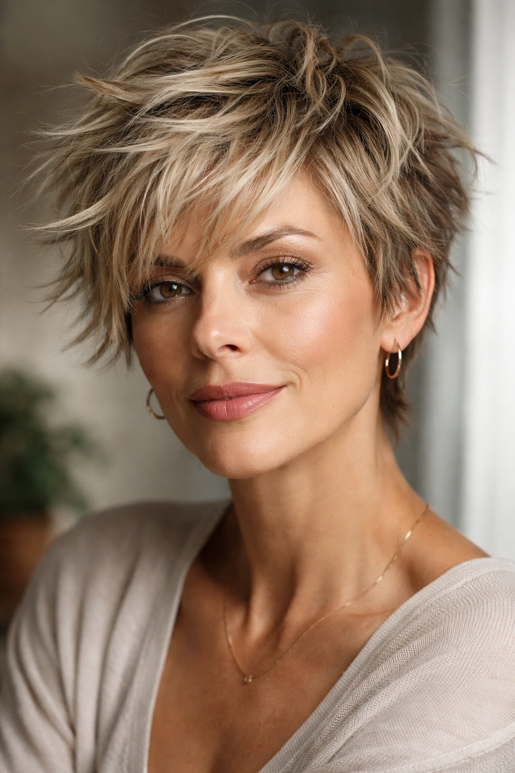 Woman with choppy pixie and textured layers