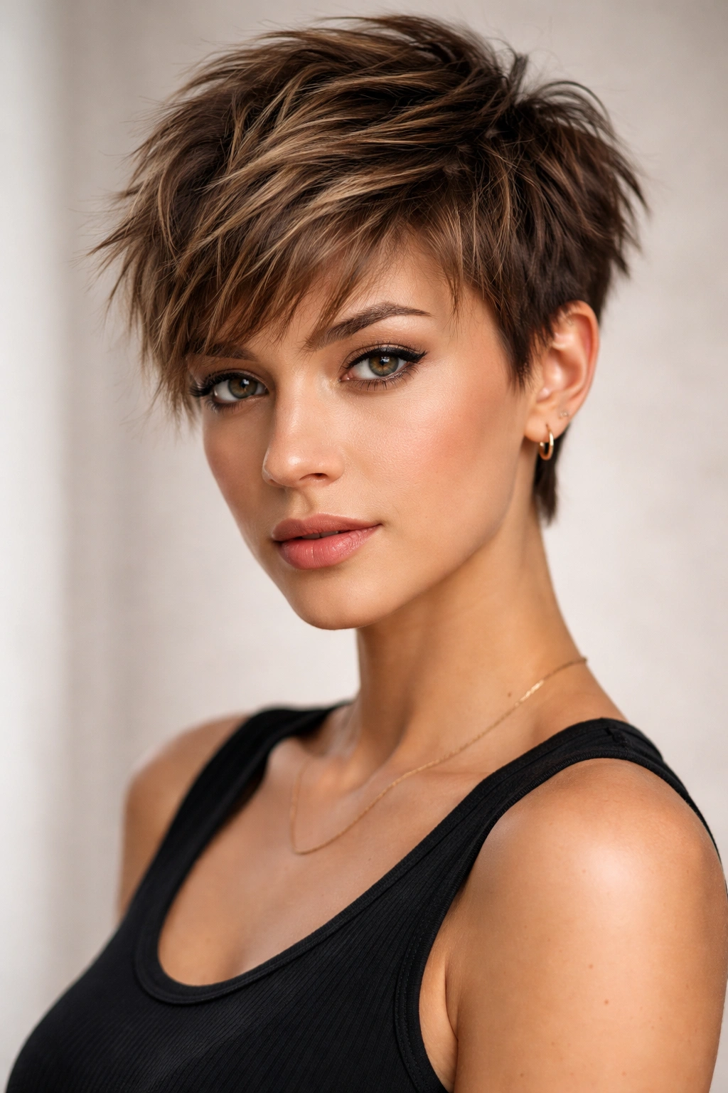 Close portrait of a choppy textured pixie crop showing visibly layered pieces.