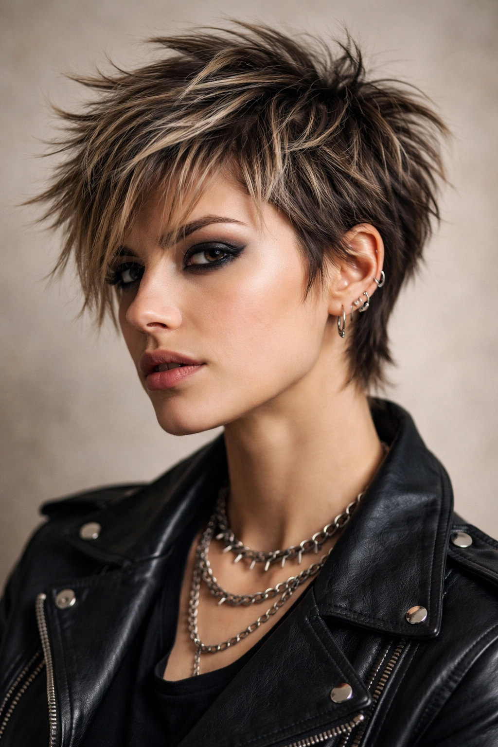 Close-up portrait of a choppy pixie crop with longer textured pieces across the crown.