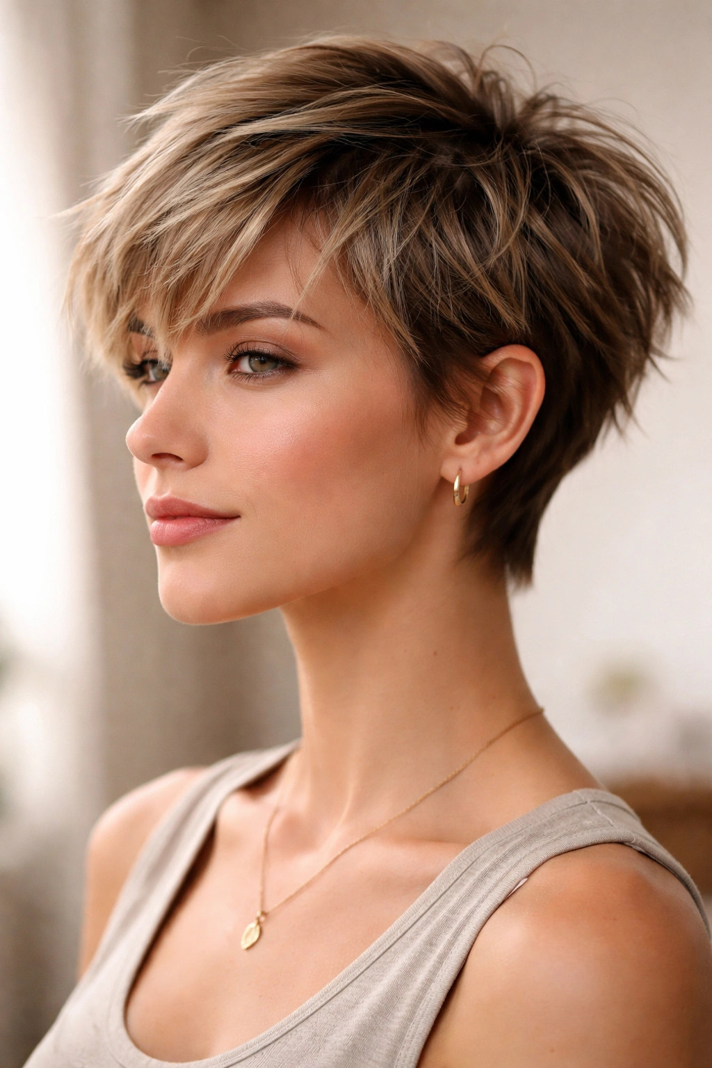 Close-up of a person with a choppy pixie haircut with textured layers