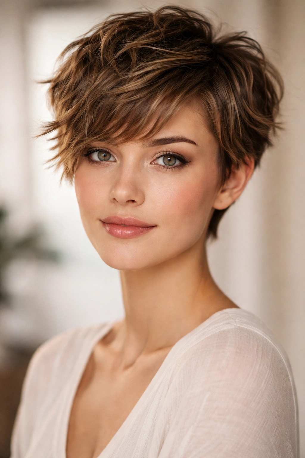 Choppy pixie waves on short hair balancing a heart-shaped face