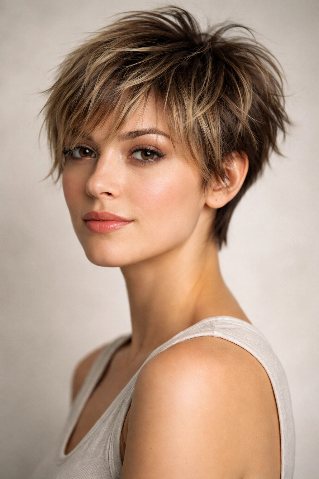 Head-and-shoulders portrait of choppy textured pixie with wispy bangs and crown volume