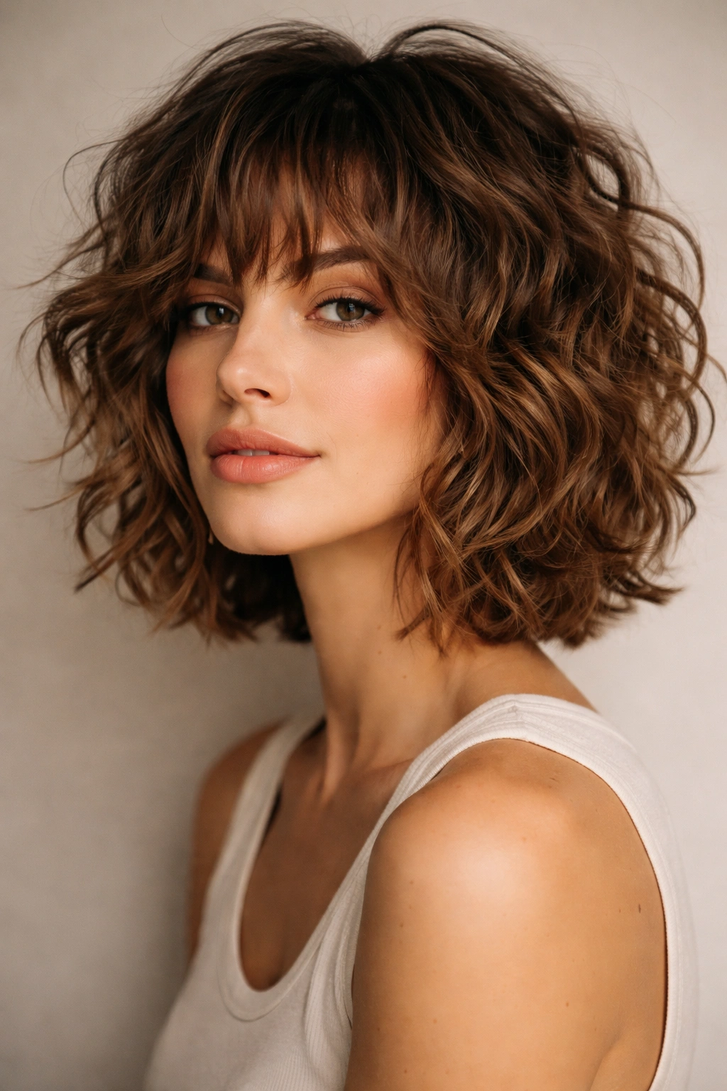Model with choppy shag bob showing irregular textured layers
