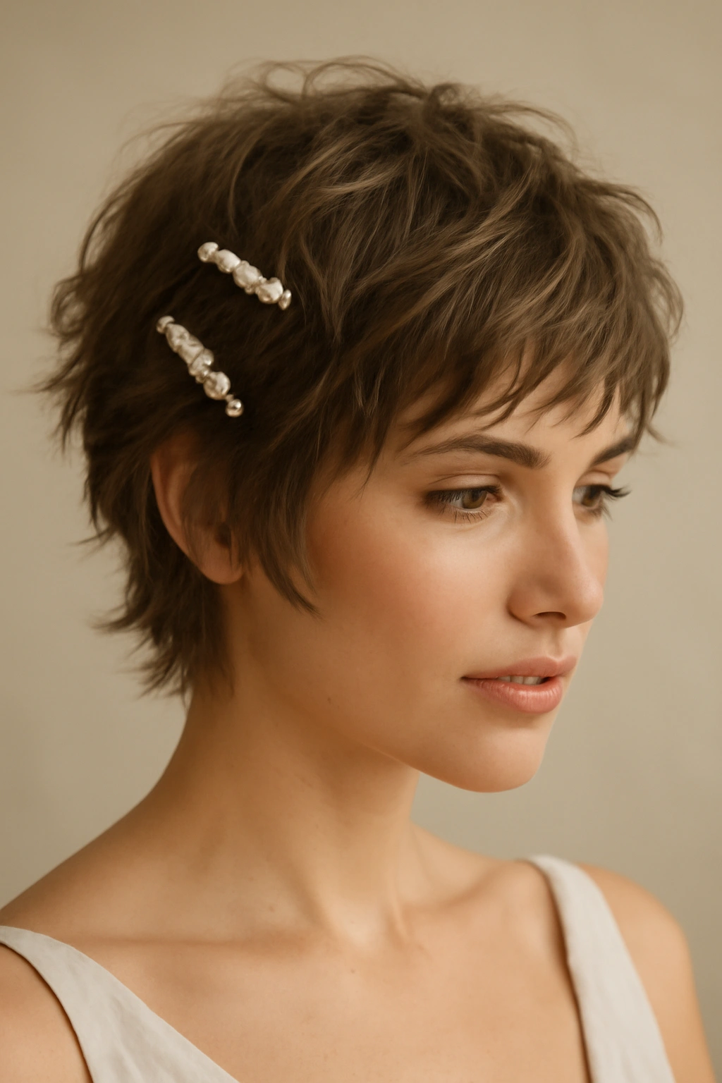 Close-up of a choppy shag with pearl clips showing textured layers.