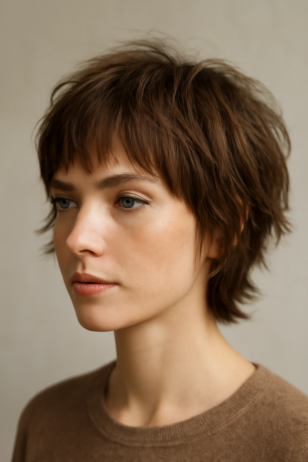 Close-up of fine hair with a choppy shag creating volume