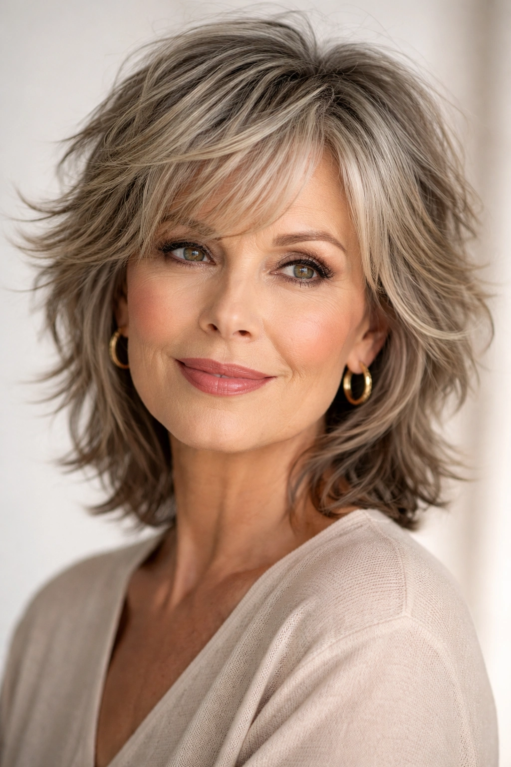 Older woman with choppy shag balancing a heart-shaped face.