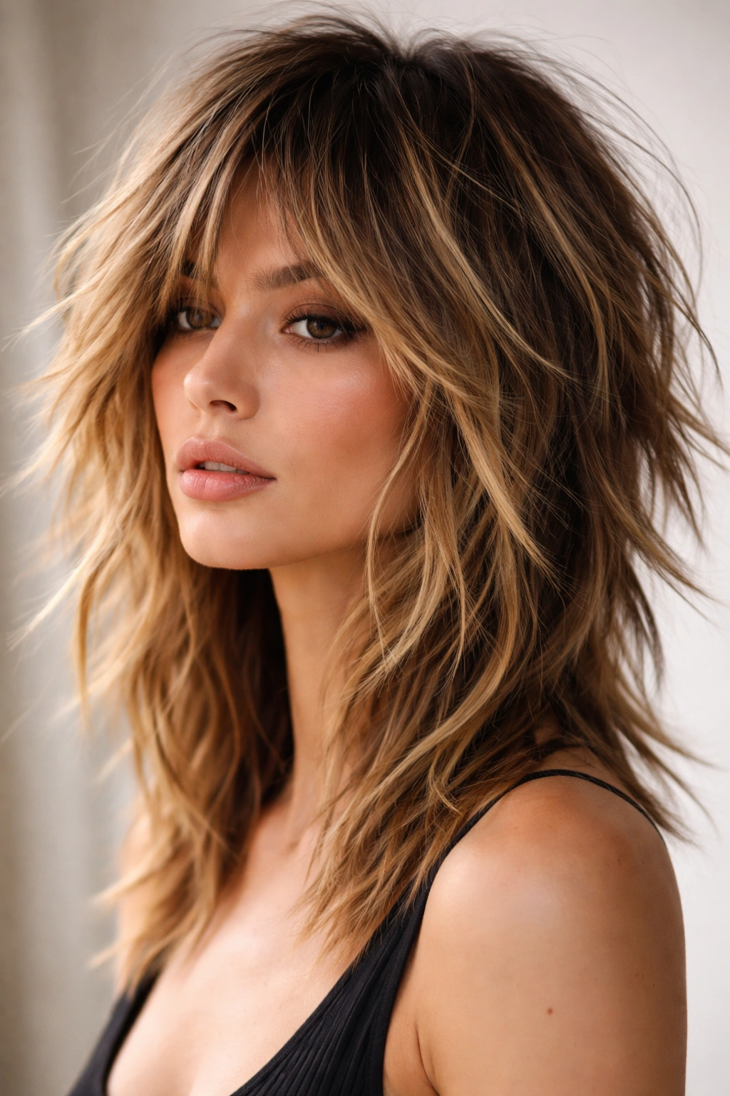 Portrait demonstrating choppy, disconnected shag with visible layer gaps