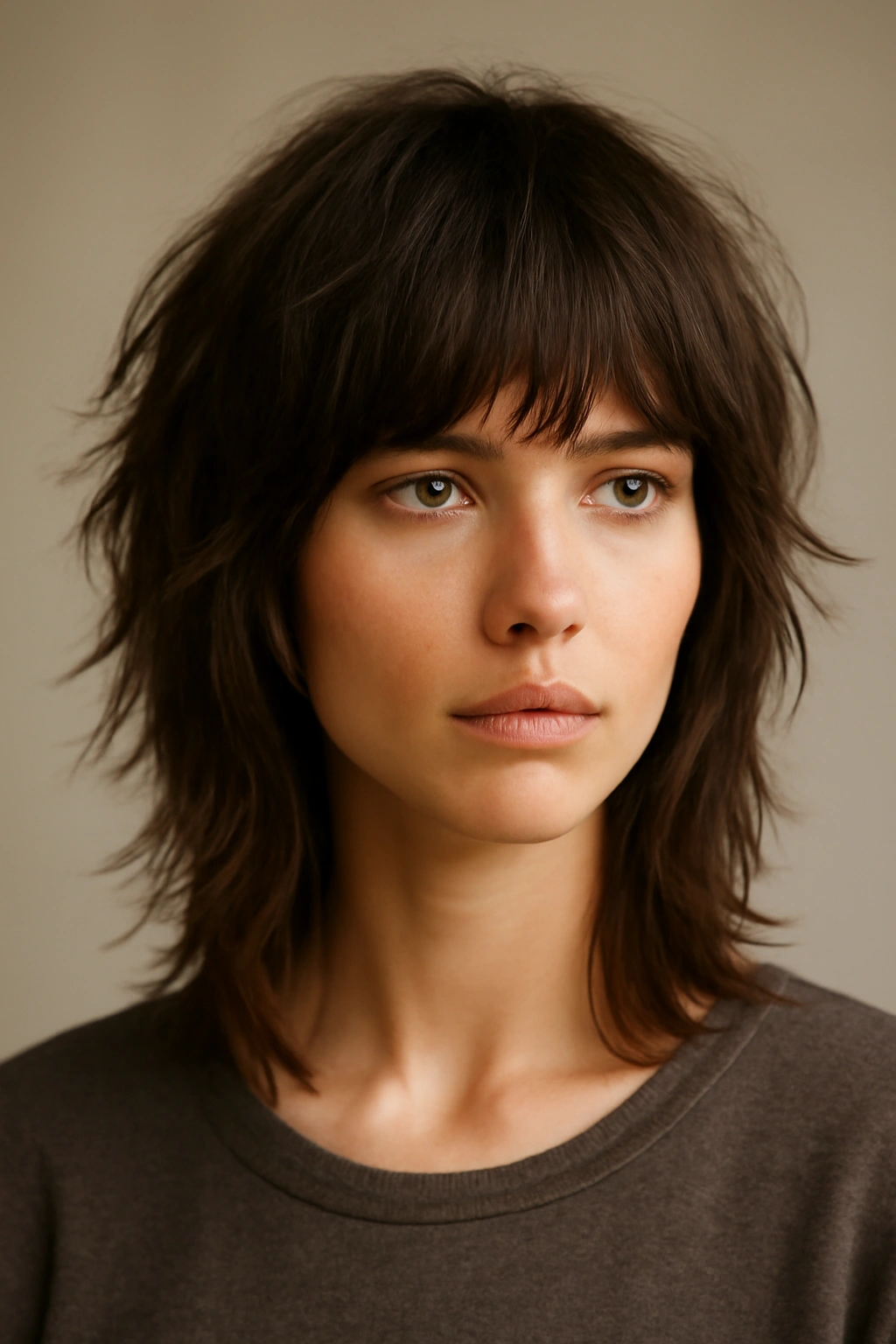 Close-up of a person with choppy face-framing shag showing ear-length frames and mid-collarbone length