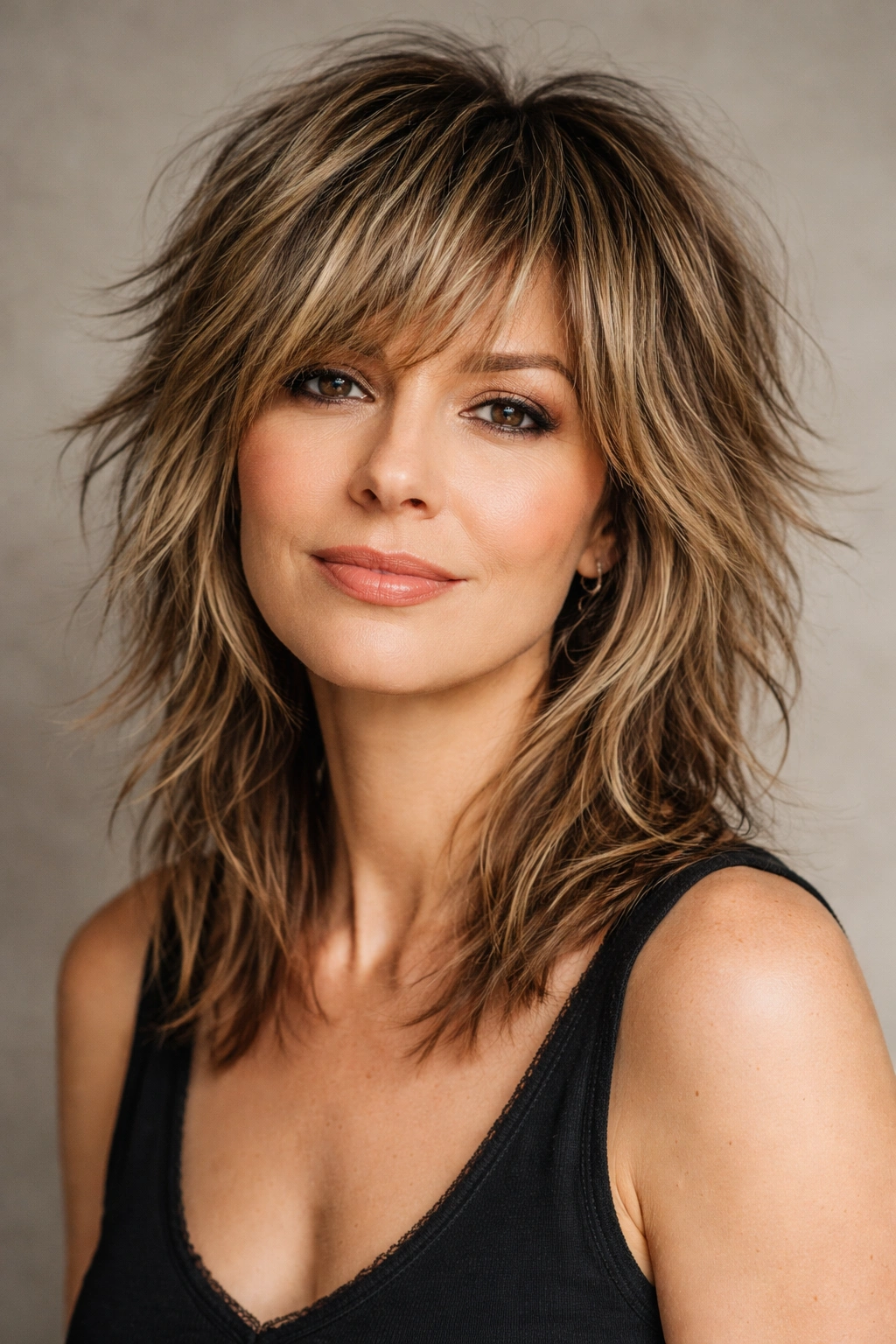 Portrait of a woman with a textured choppy shag and layered hair