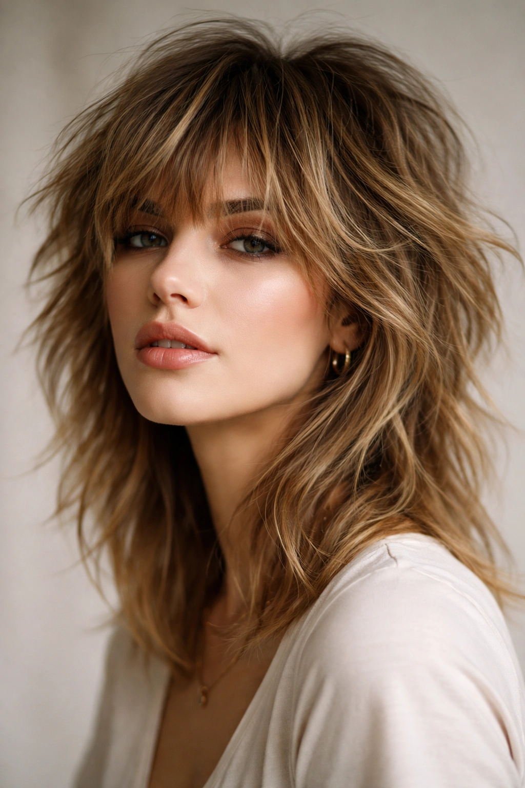 Choppy shag with volume and uneven layers on a model.