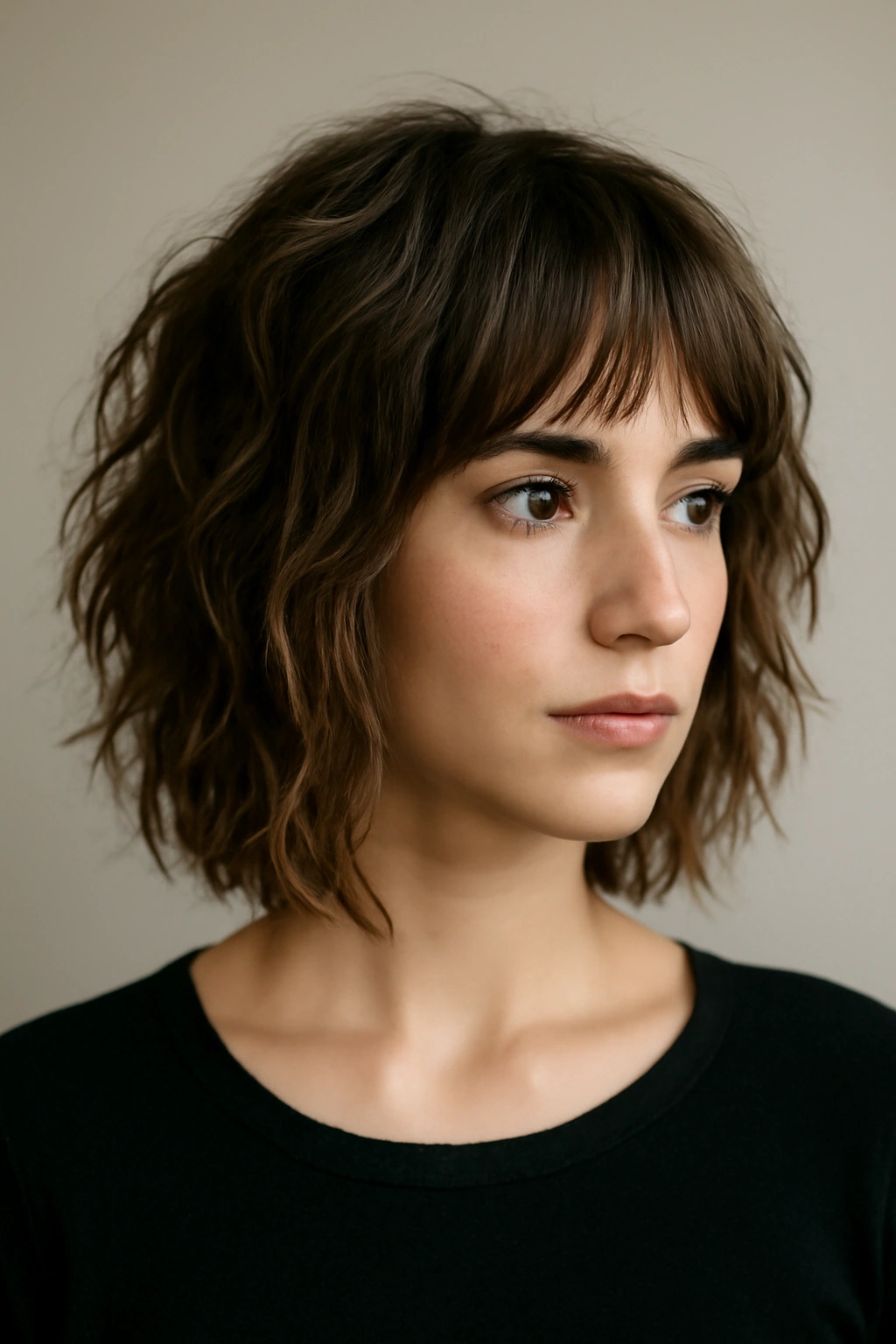 Shoulder-length wavy hair with choppy layers for texture