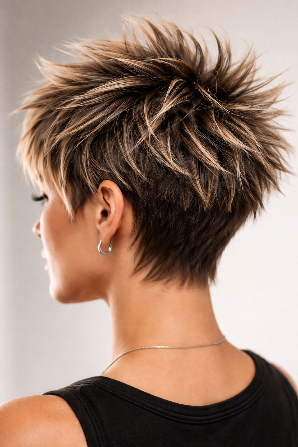 Close-up of a choppy spiky short haircut with bold texture on a model head