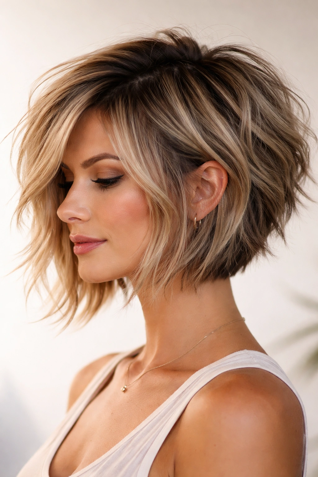 Choppy stacked bob with jagged layers and visible texture.