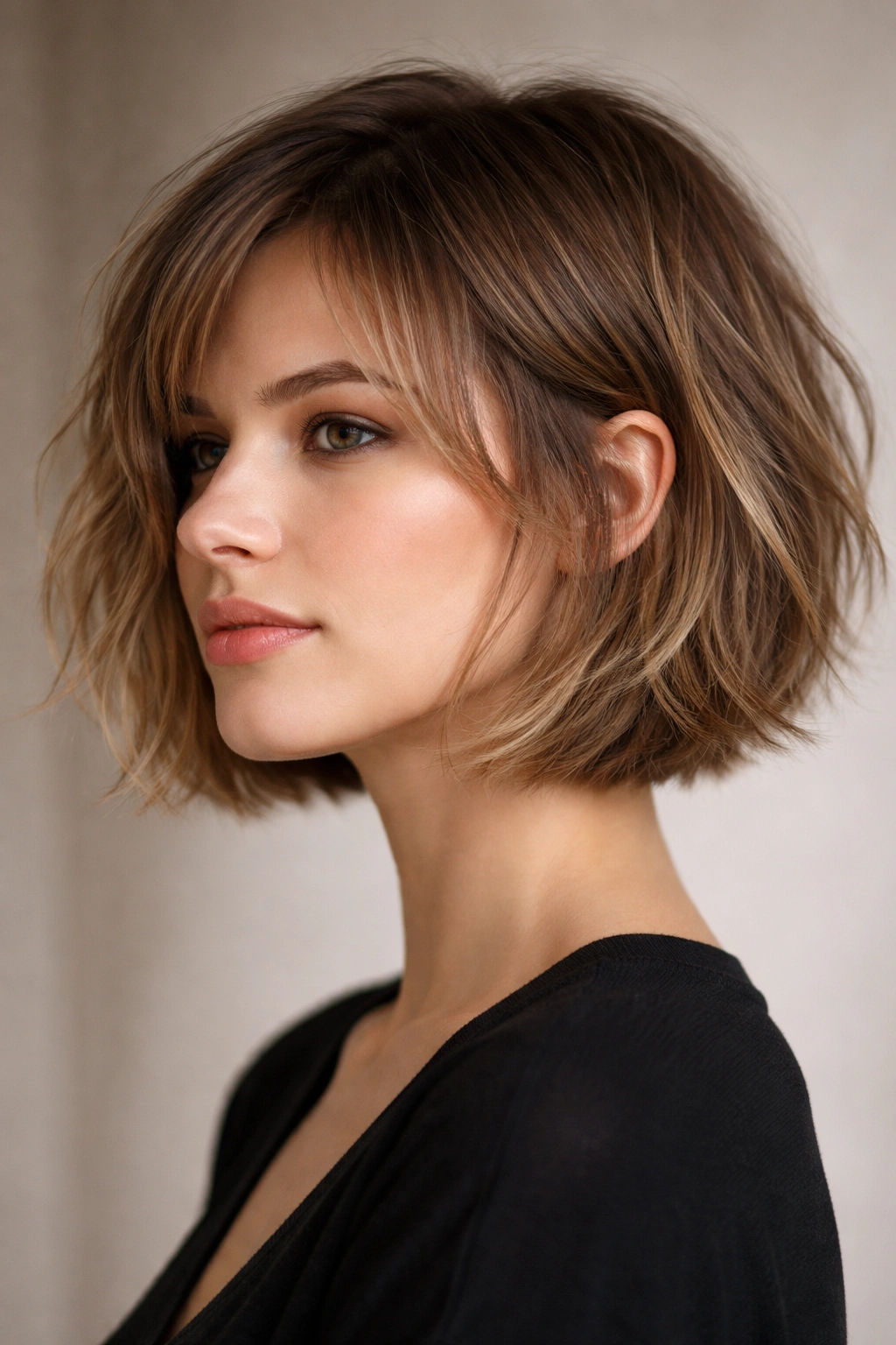 Close-up of chin-length choppy textured bob highlighting jawline