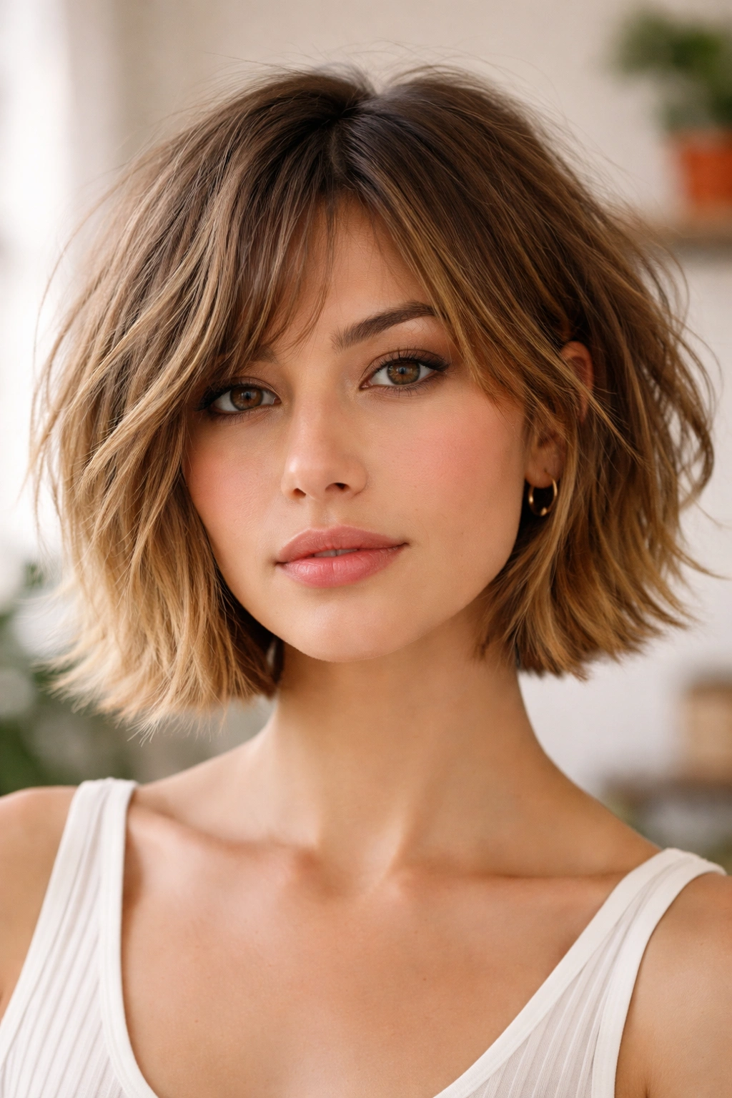 Choppy textured bob silhouette with tousled chin-length ends.