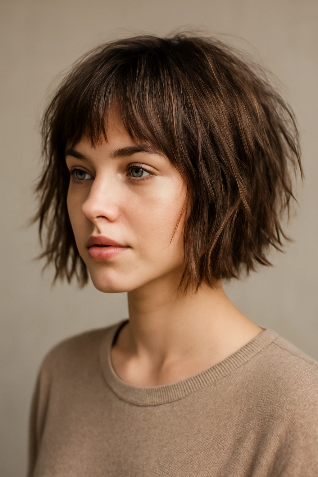 Close-up portrait of a person with a choppy textured bob showing movement.