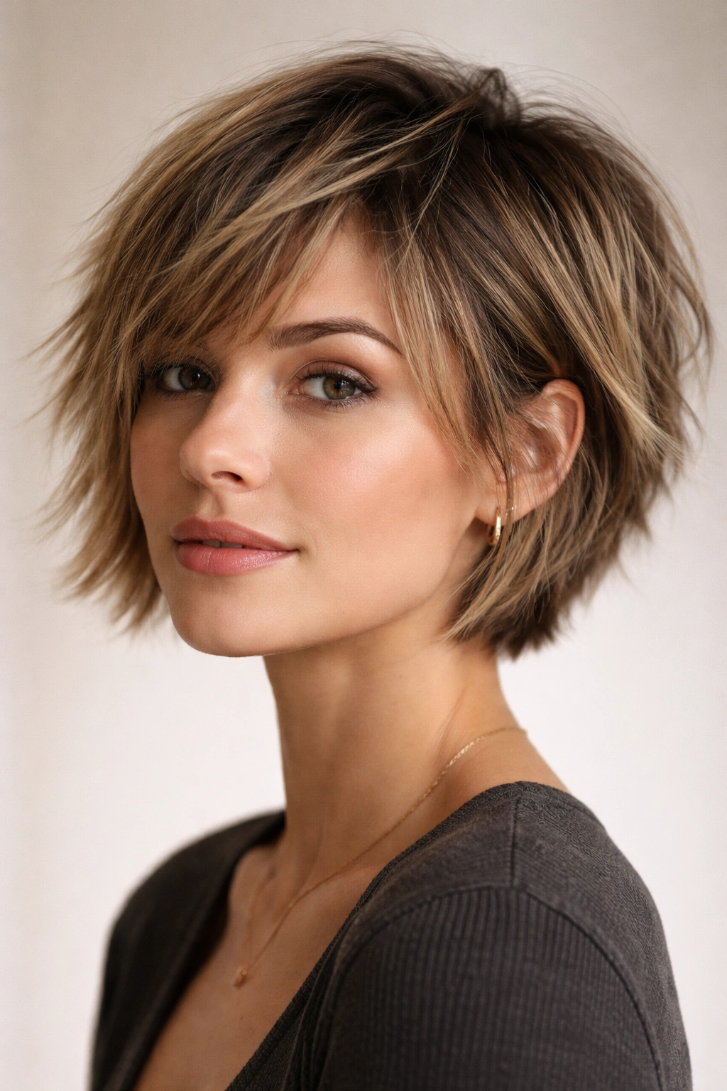 Choppy textured crop-to-bob hairstyle with pronounced texture