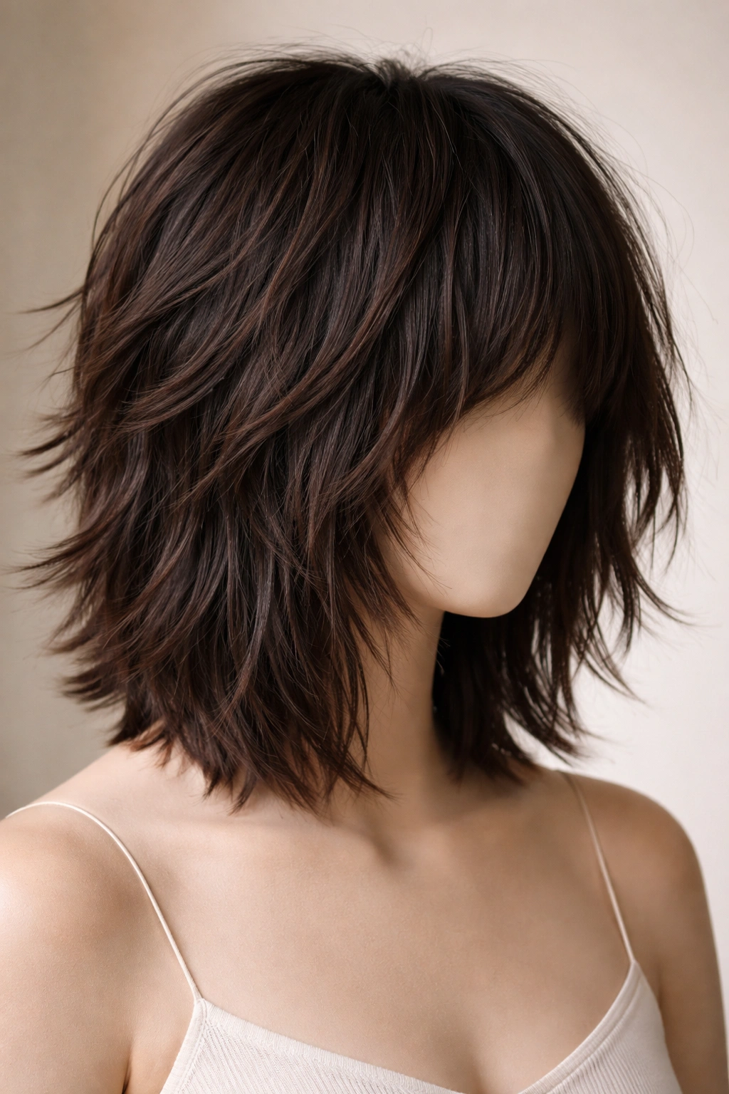 Close-up of choppy textured shoulder-length hairstyle with disconnected layers