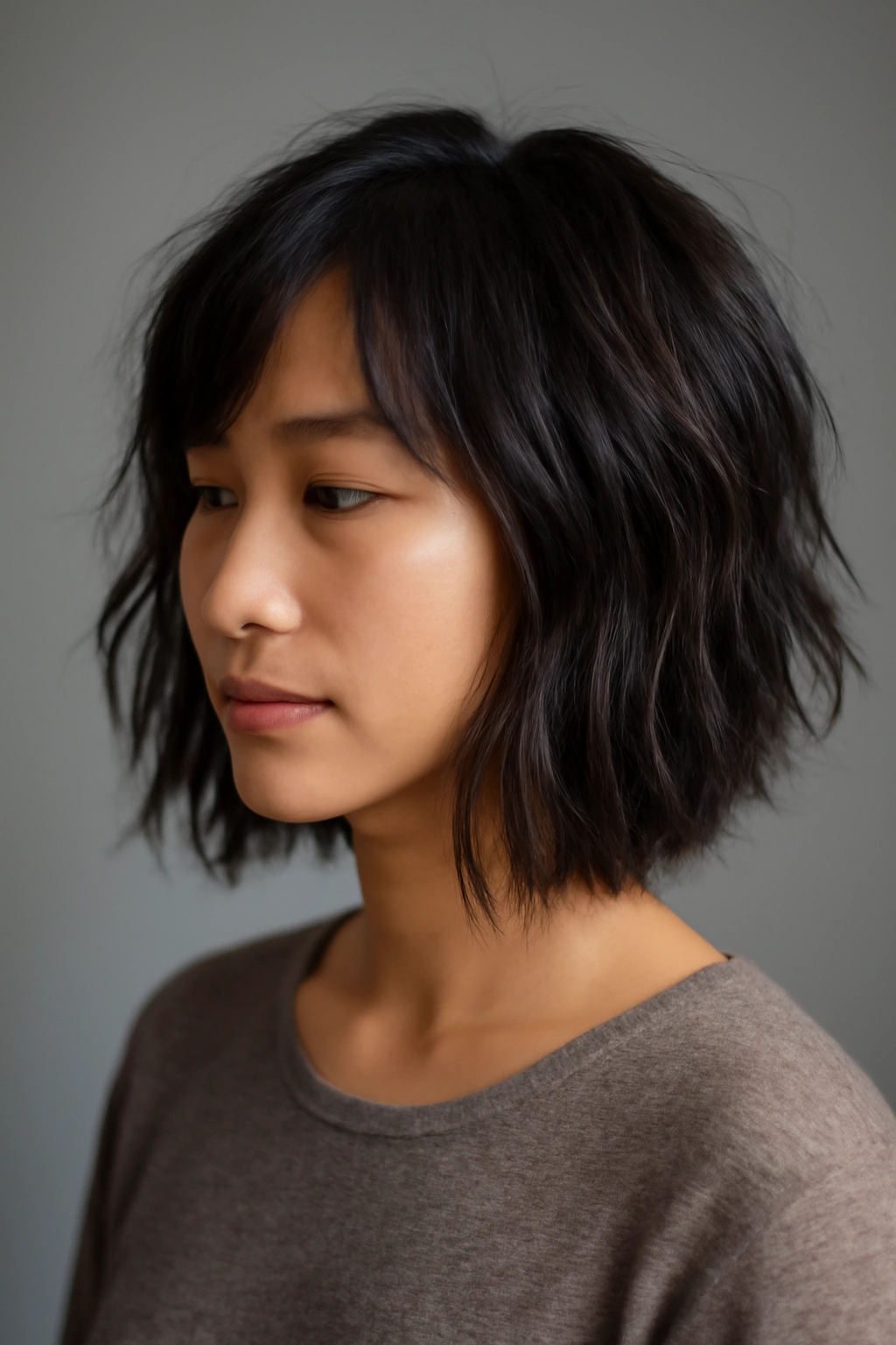 Close-up of choppy textured long bob with layered haircut and light-catching ends