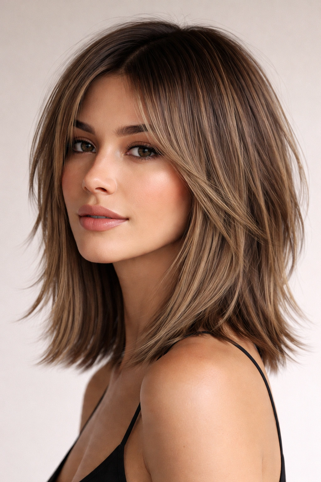 Choppy textured medium cut with shoulder-length hair showing defined layers