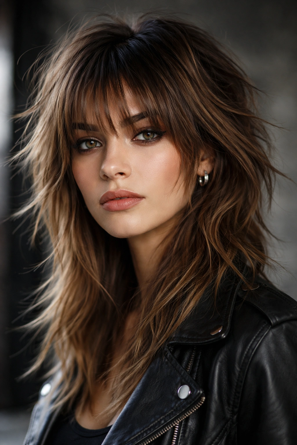 Choppy textured wolf cut with wispy bangs on straight hair
