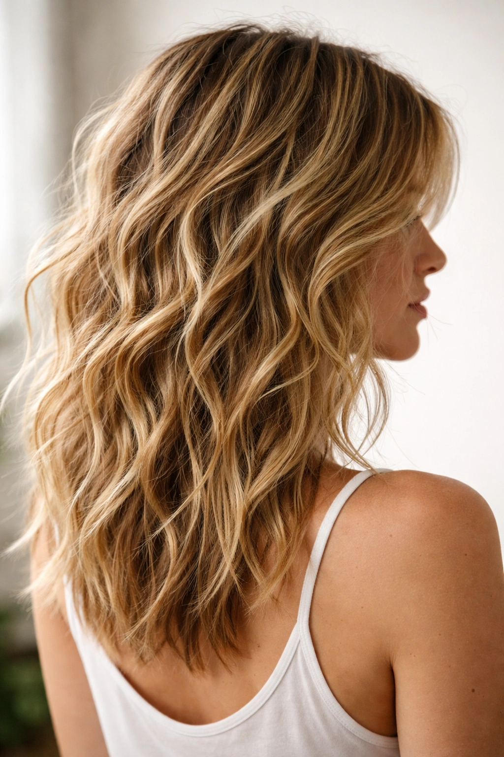 Close-up of choppy beachy waves with textured layers in hair
