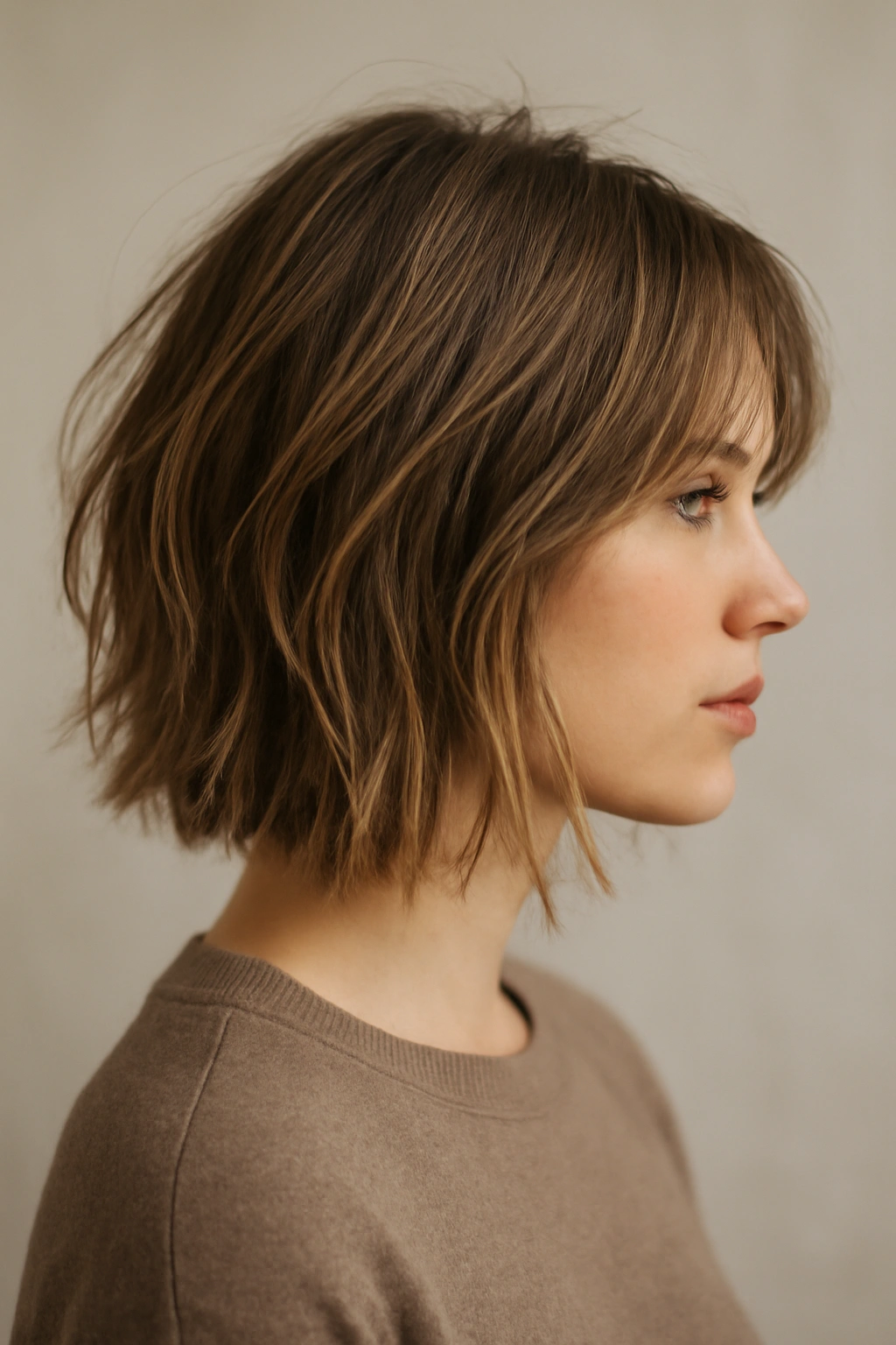 Shoulder-length hair with choppy, textured layers creating volume