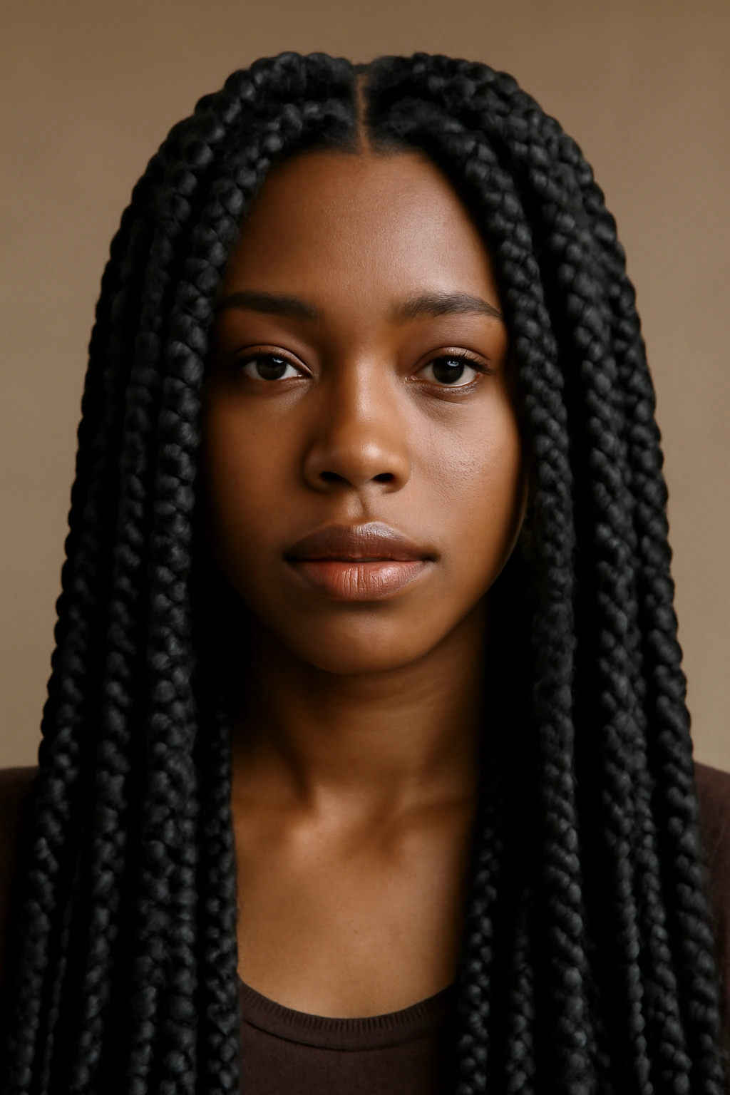 Close-up of chunky, thick box braids forming a bold hairstyle.