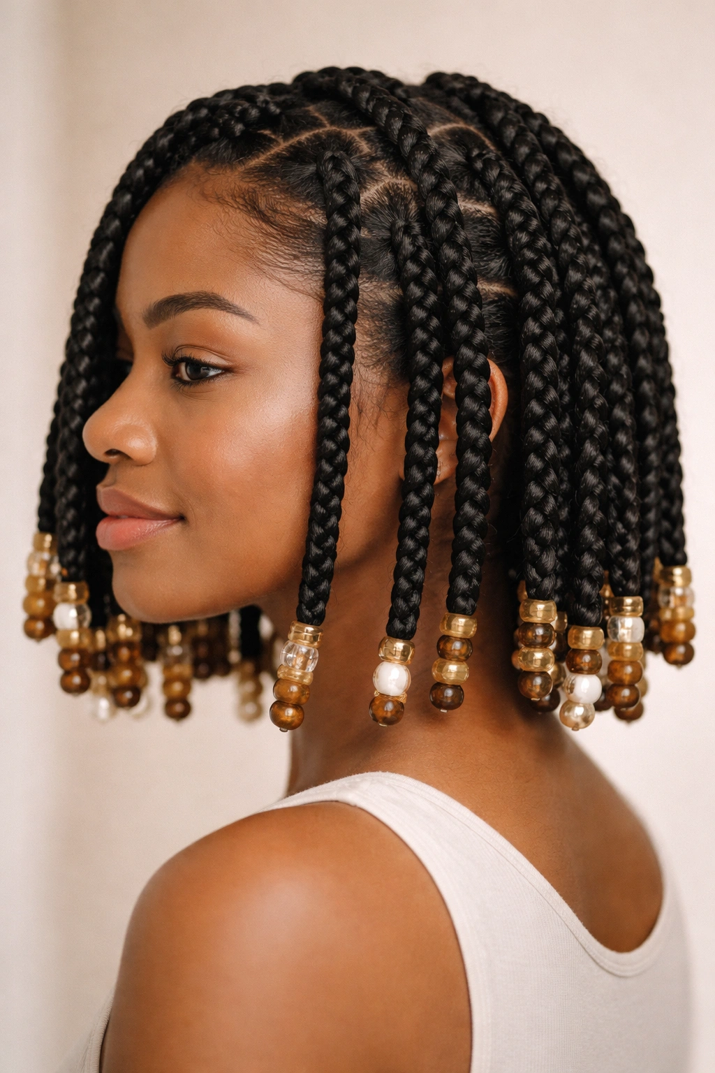 Chunky box braids with beaded ends on short hair
