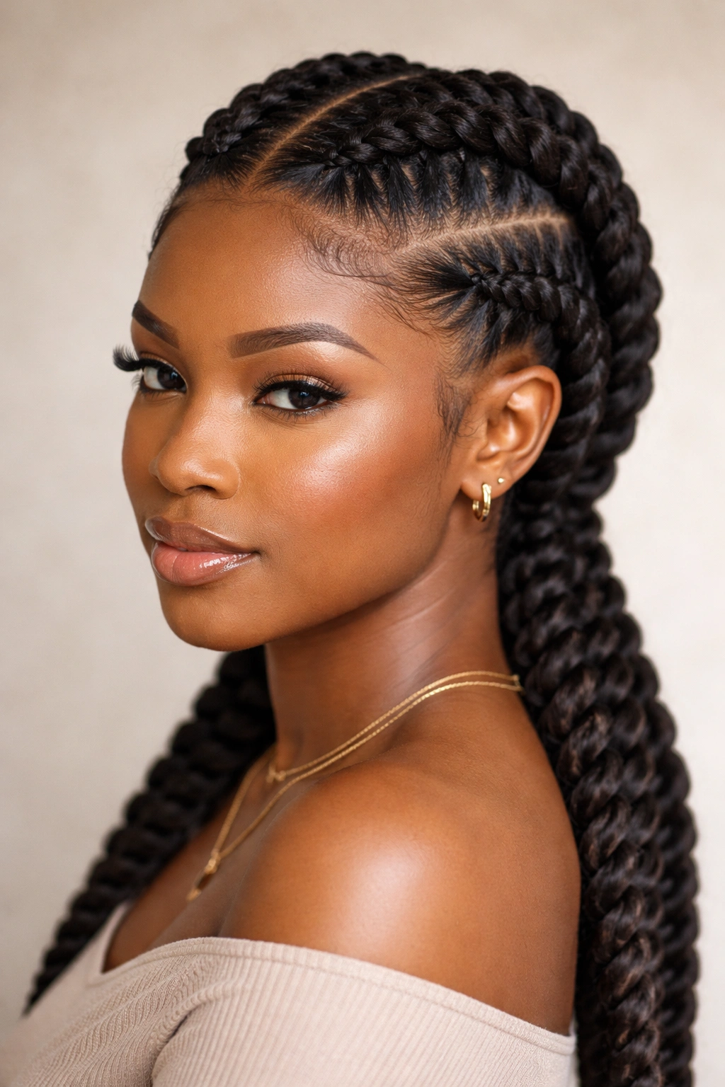 Two chunky cornrow twists laid close to the scalp with a textured pattern