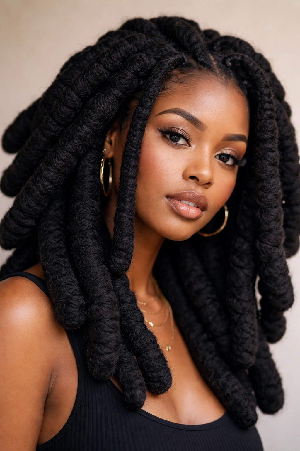 Portrait of thick chunky locs with large diameter framing the face