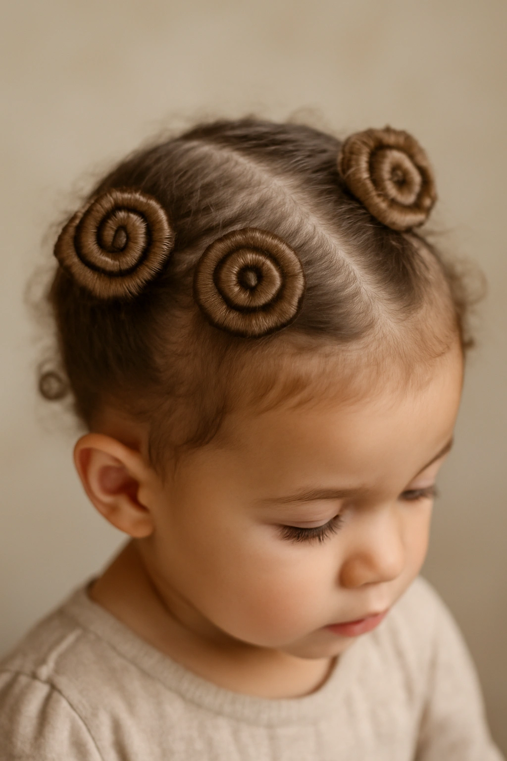 Toddler hair styled into cinnamon roll coils pinned to the scalp.