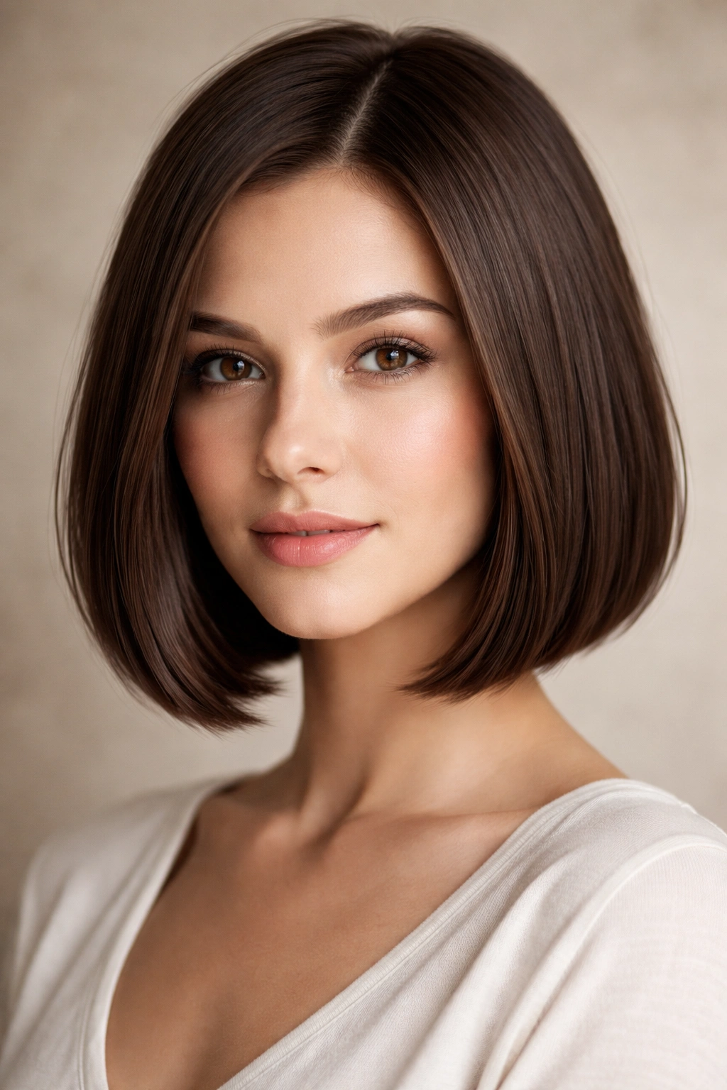 Frontal portrait of a person wearing a blunt chin-length classic bob