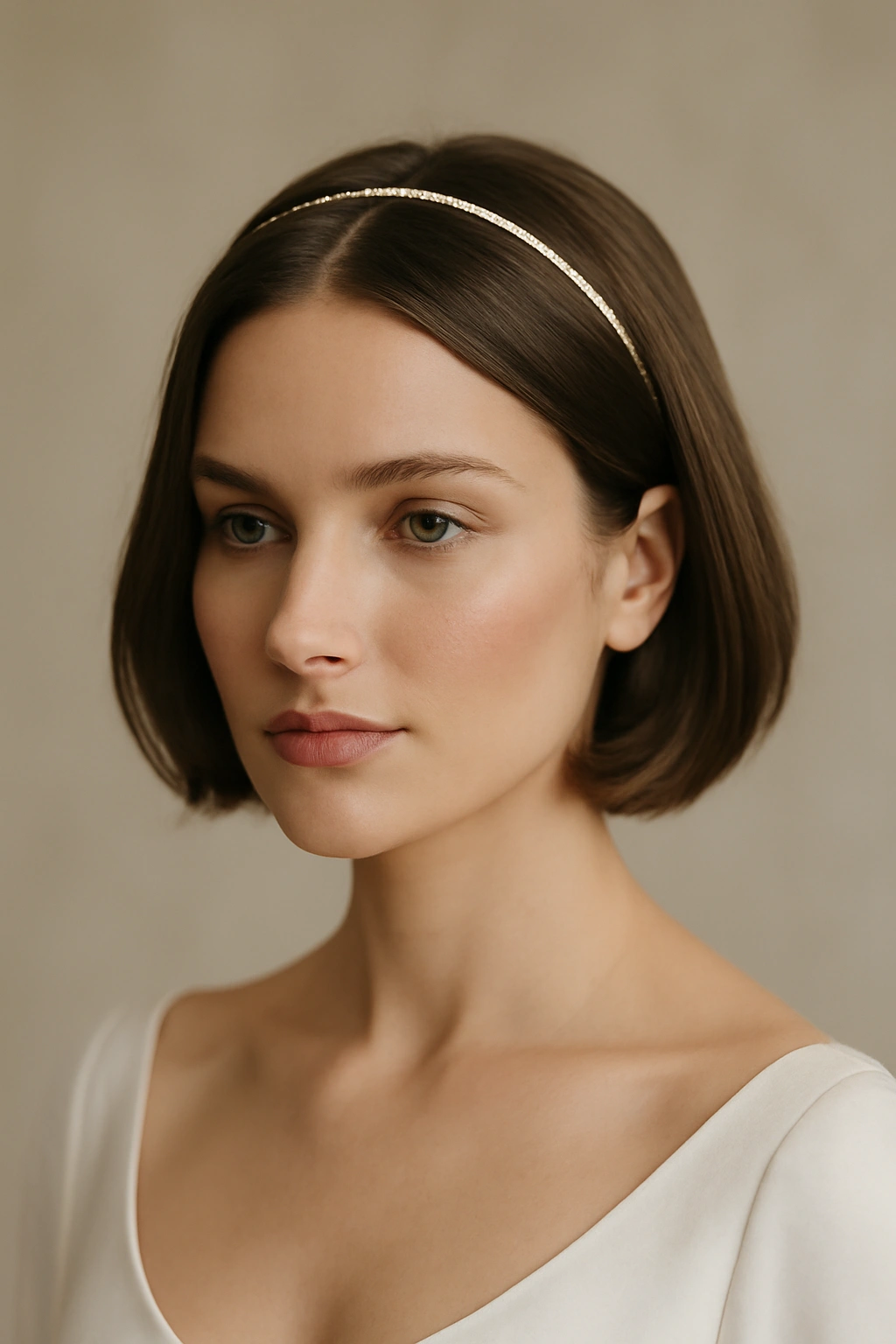 Short bob with center part and delicate headband, bridal-ready.