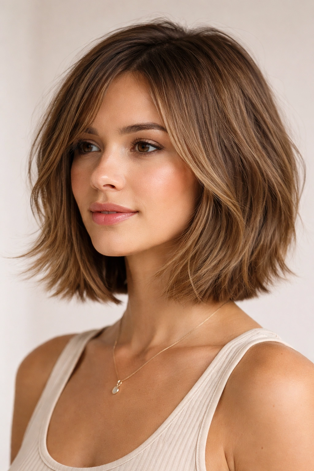 Close-up of shoulder-length bob with textured layers and movement