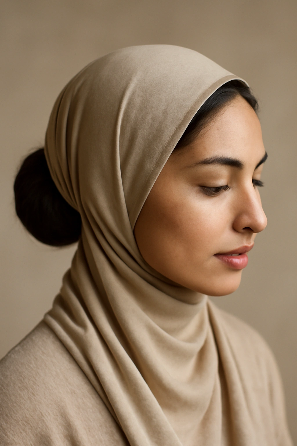 Close-up of a classic bun secured under hijab with neat crown positioning