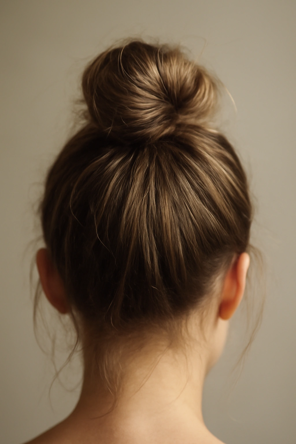 Close-up of a classic casual knot styled high on the crown with a loose loop and wrapped tail