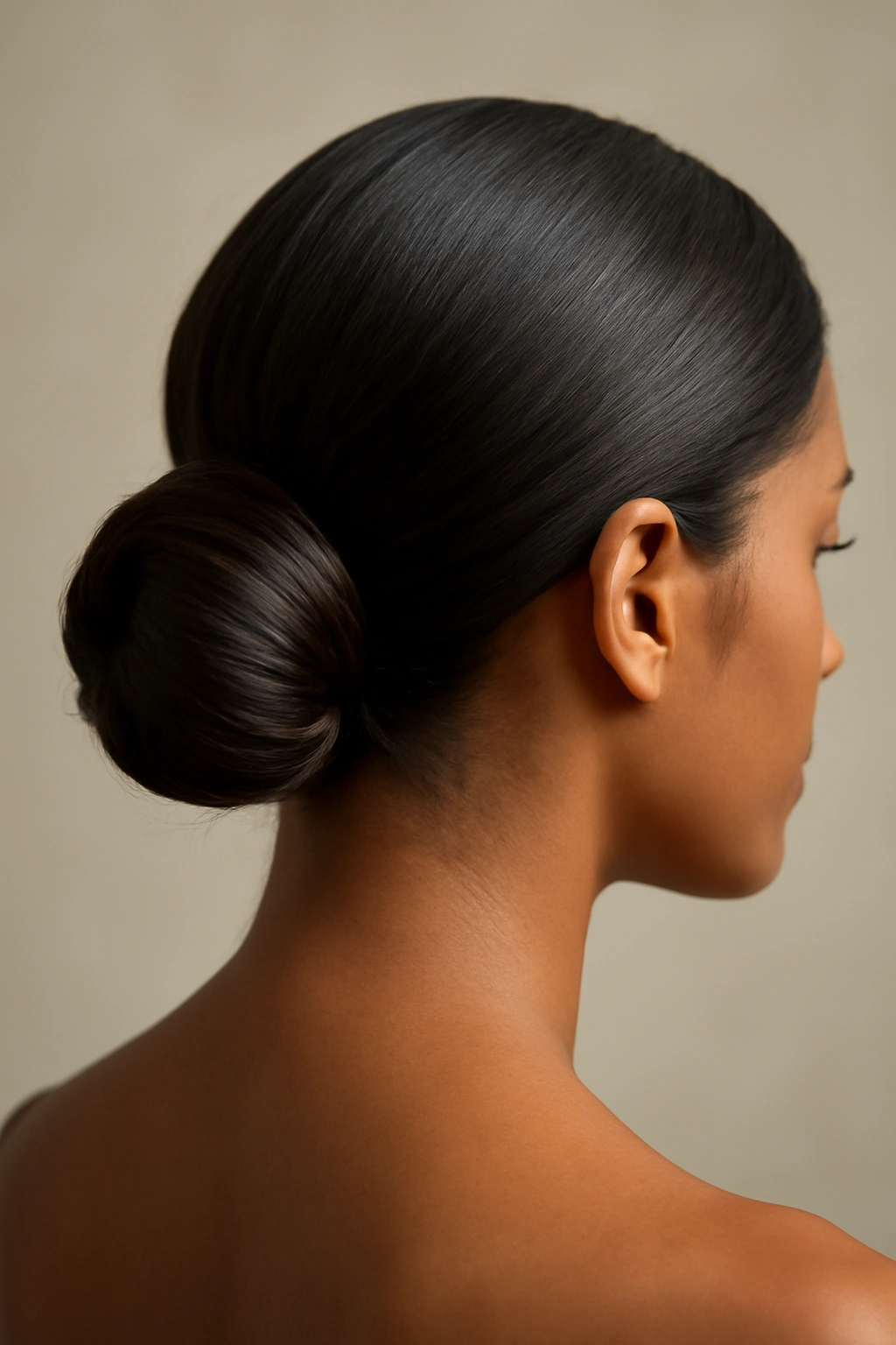 Close-up of a classic chignon at the nape