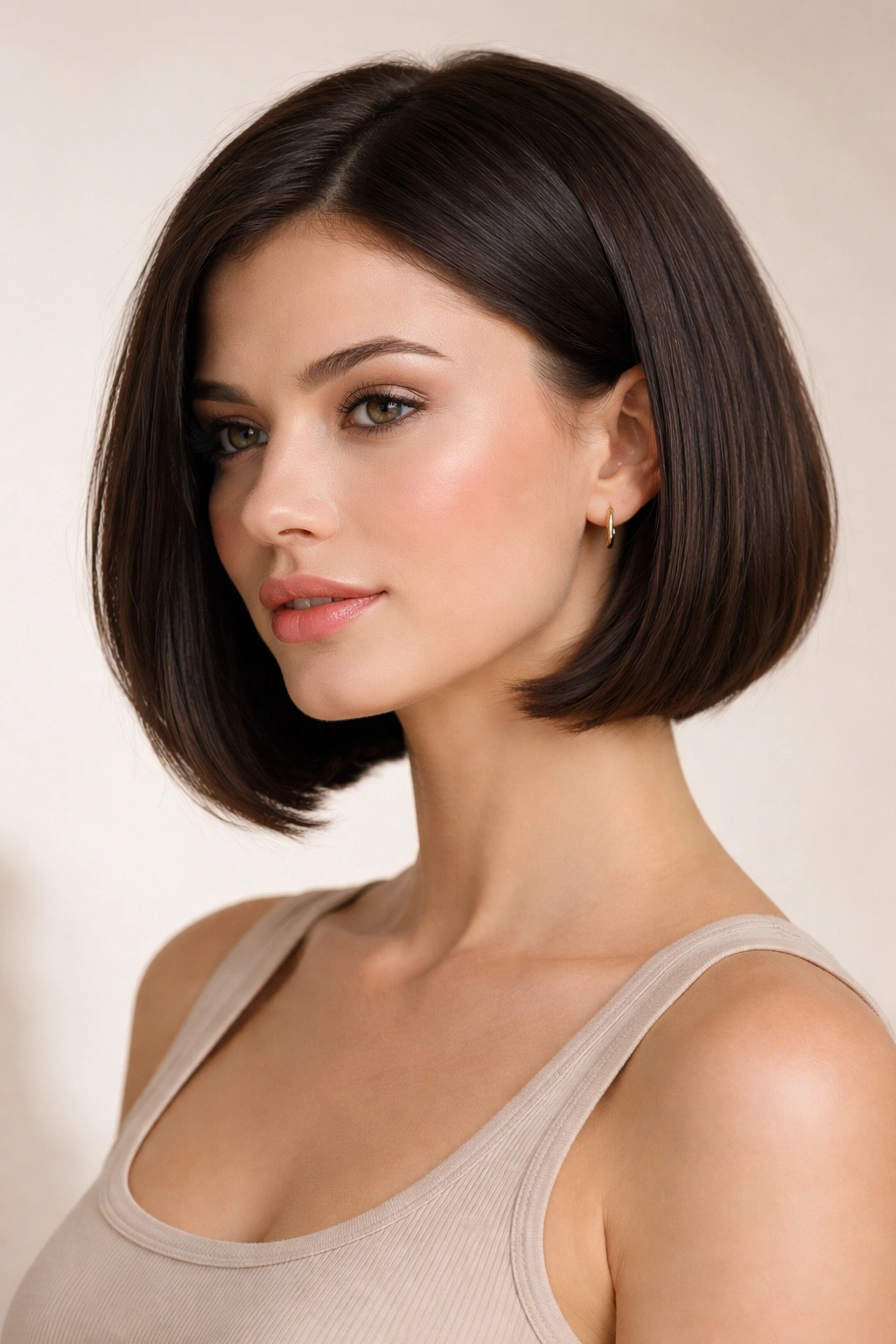 Close-up portrait of a model with a classic chin-length bob, jawline framing hair.