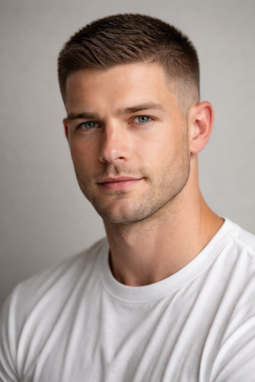 Close-up of a classic crew cut with short uniform top and tapered sides for a polished, professional look
