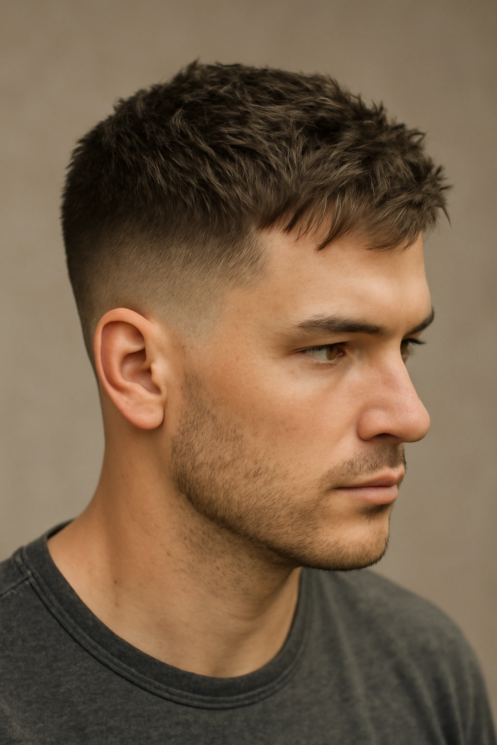 Close-up of male head with classic fade and textured top in studio lighting