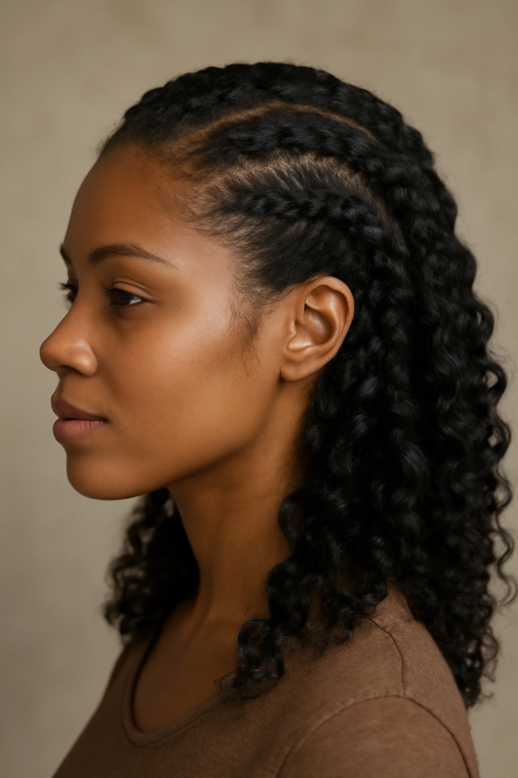 Close-up of classic side flat twists with loose curls framing the face