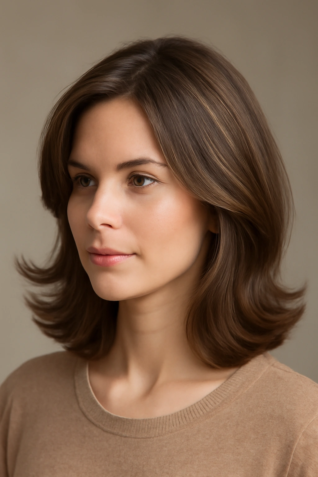 Medium-length hairstyle with a soft flipped end.