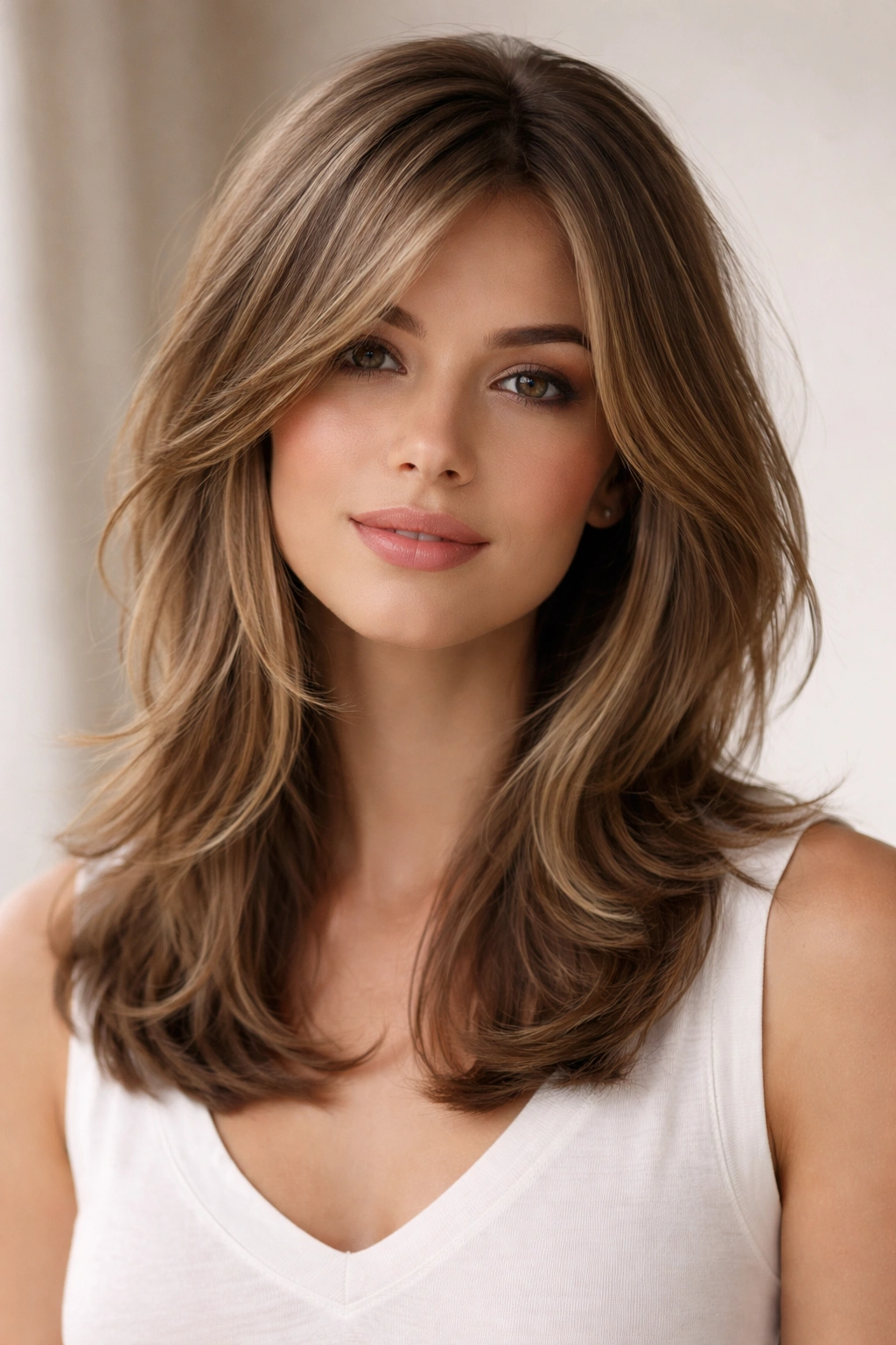 Close-up of a model with classic layered medium-length hair showing face framing and soft movement.