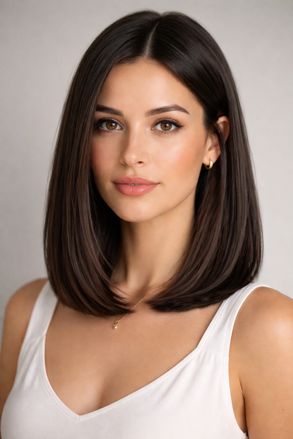 Close-up portrait of a shoulder-length blunt lob in glossy dark brown.