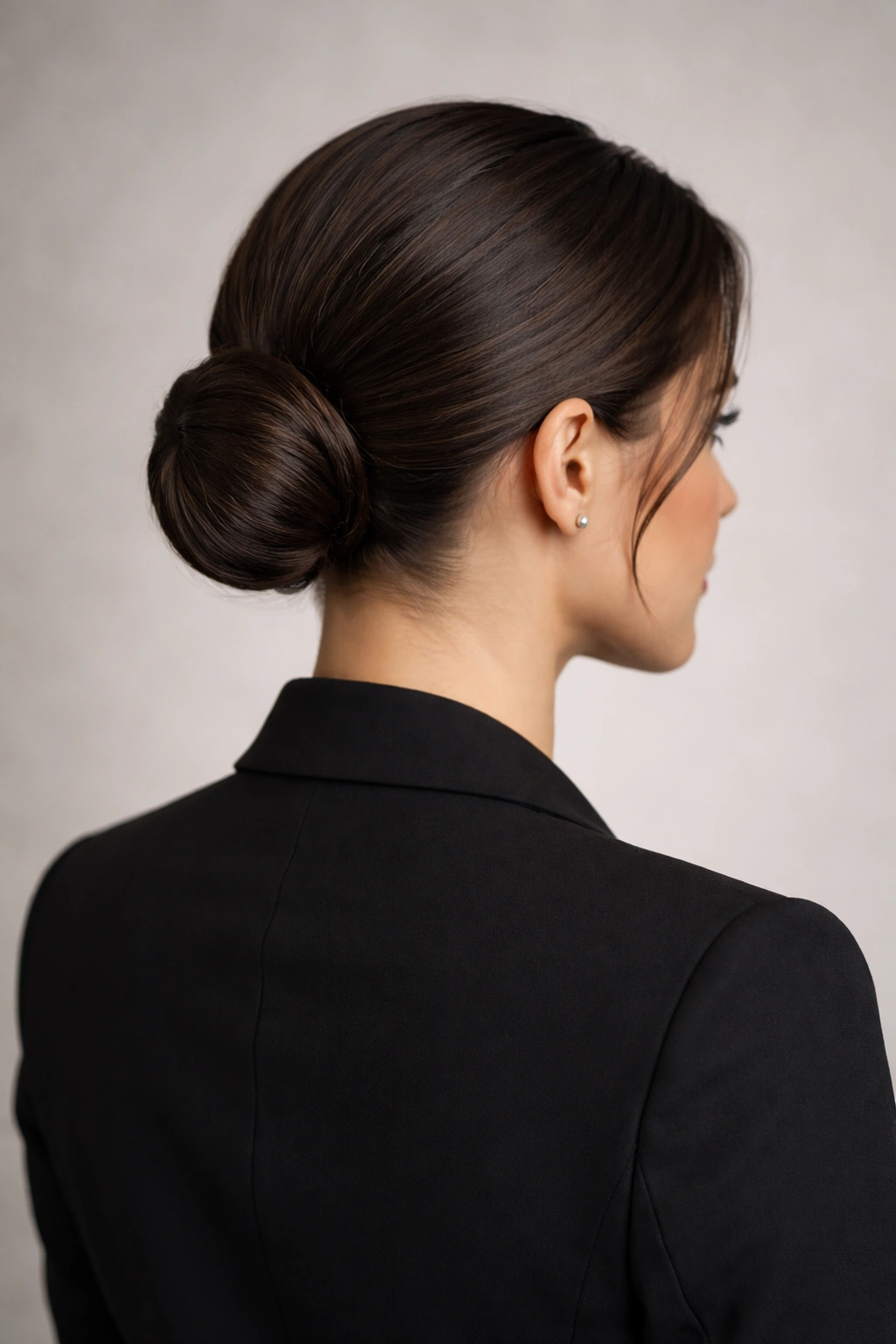 Close-up of a polished low bun at the nape, professional workplace hairstyle