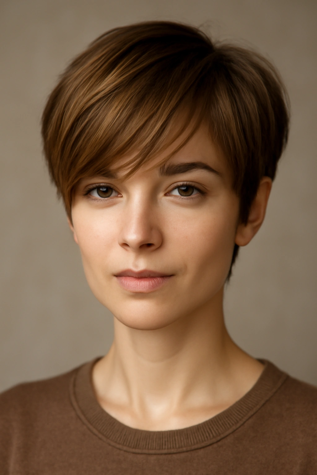 Classic pixie hairstyle with longer bangs and caramel accents