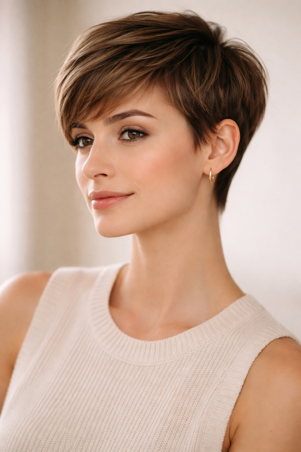 Close-up of a classic pixie with tapered sides and textured top