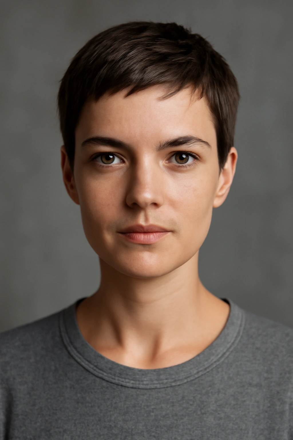 Close-up portrait of a person with a classic pixie cut, short cropped hairstyle.