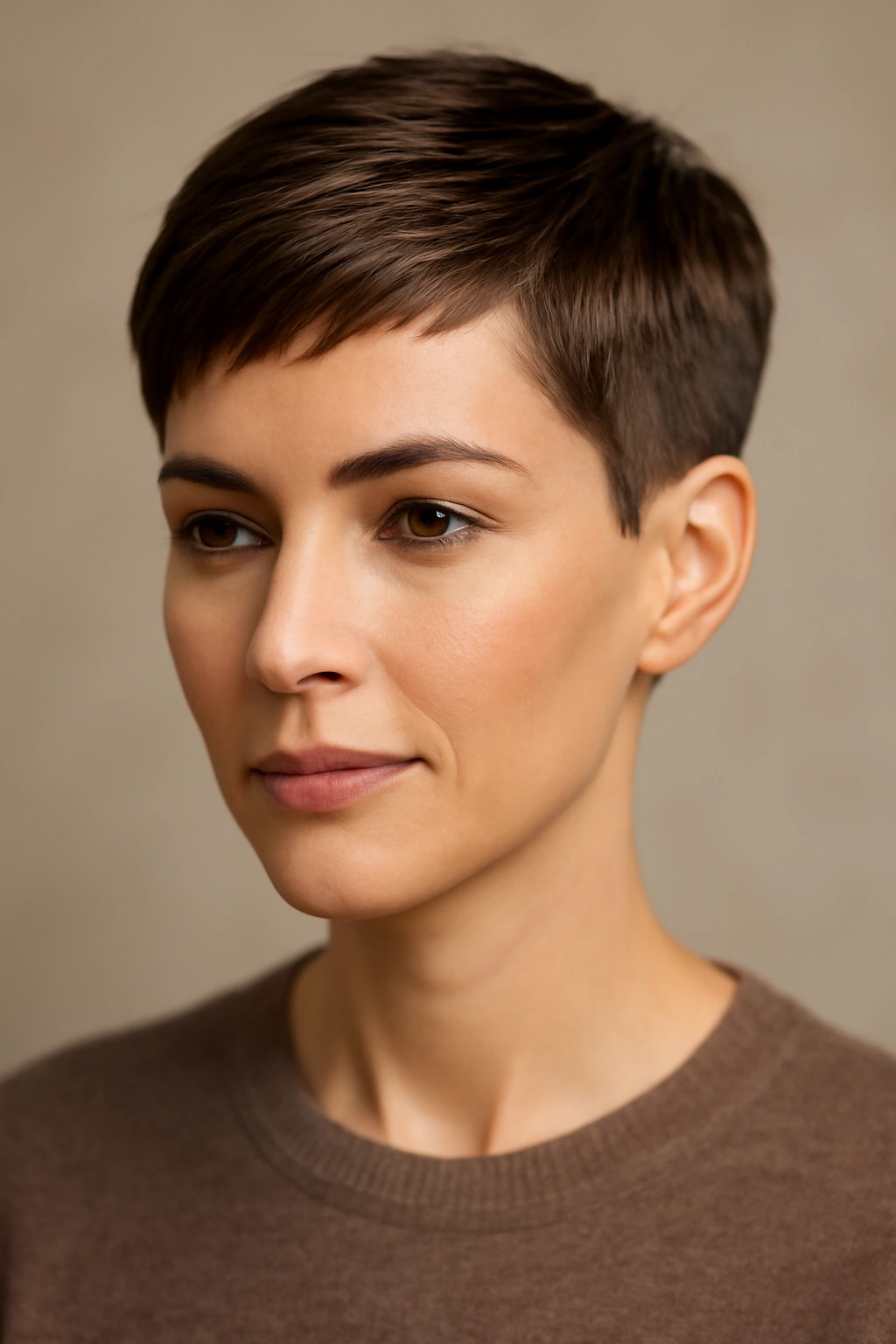 Close-up portrait of a woman with a classic tapered pixie showing short sides and longer top
